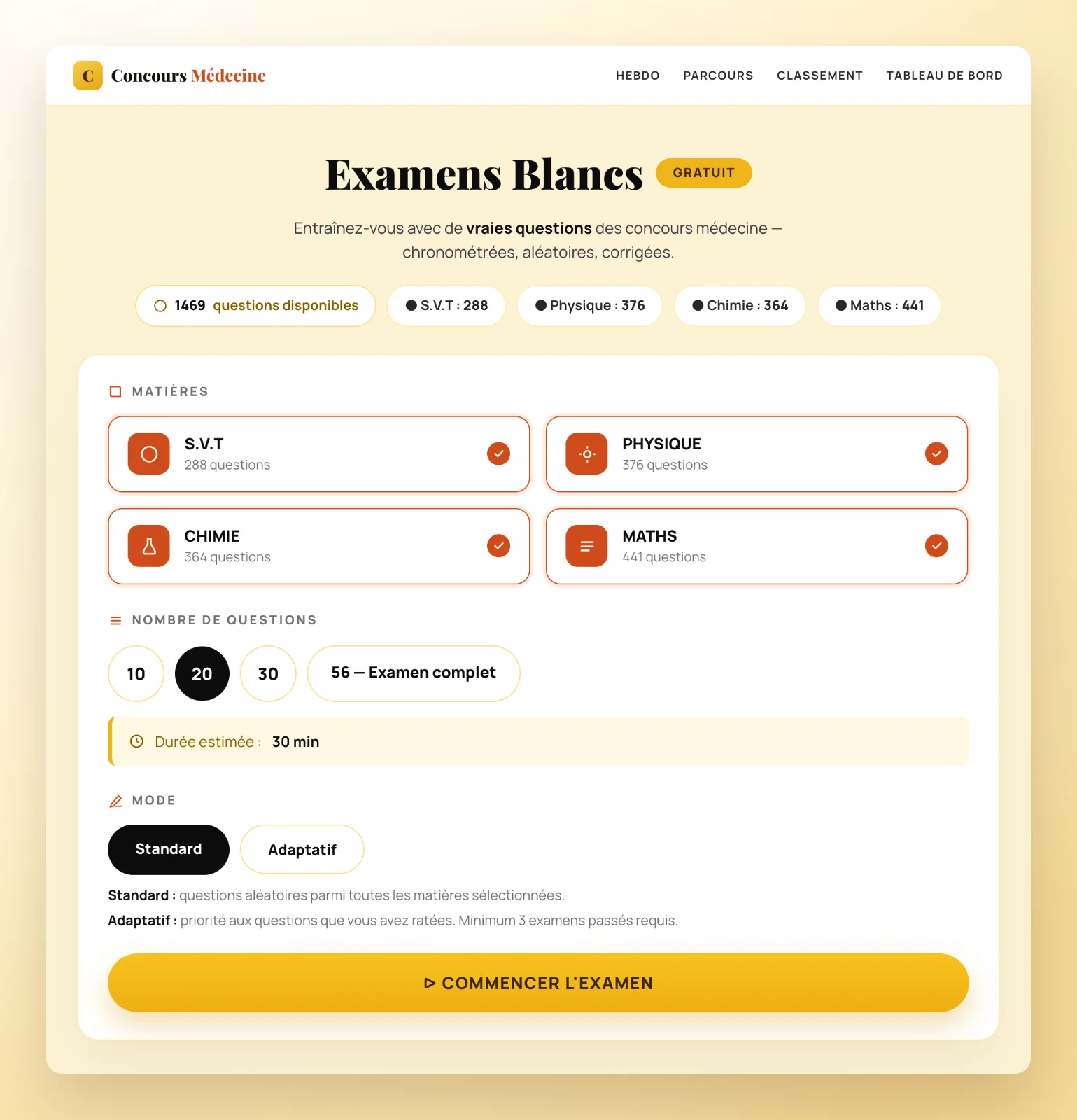 Page de configuration d'un examen blanc du concours de médecine : matières, nombre de questions et mode